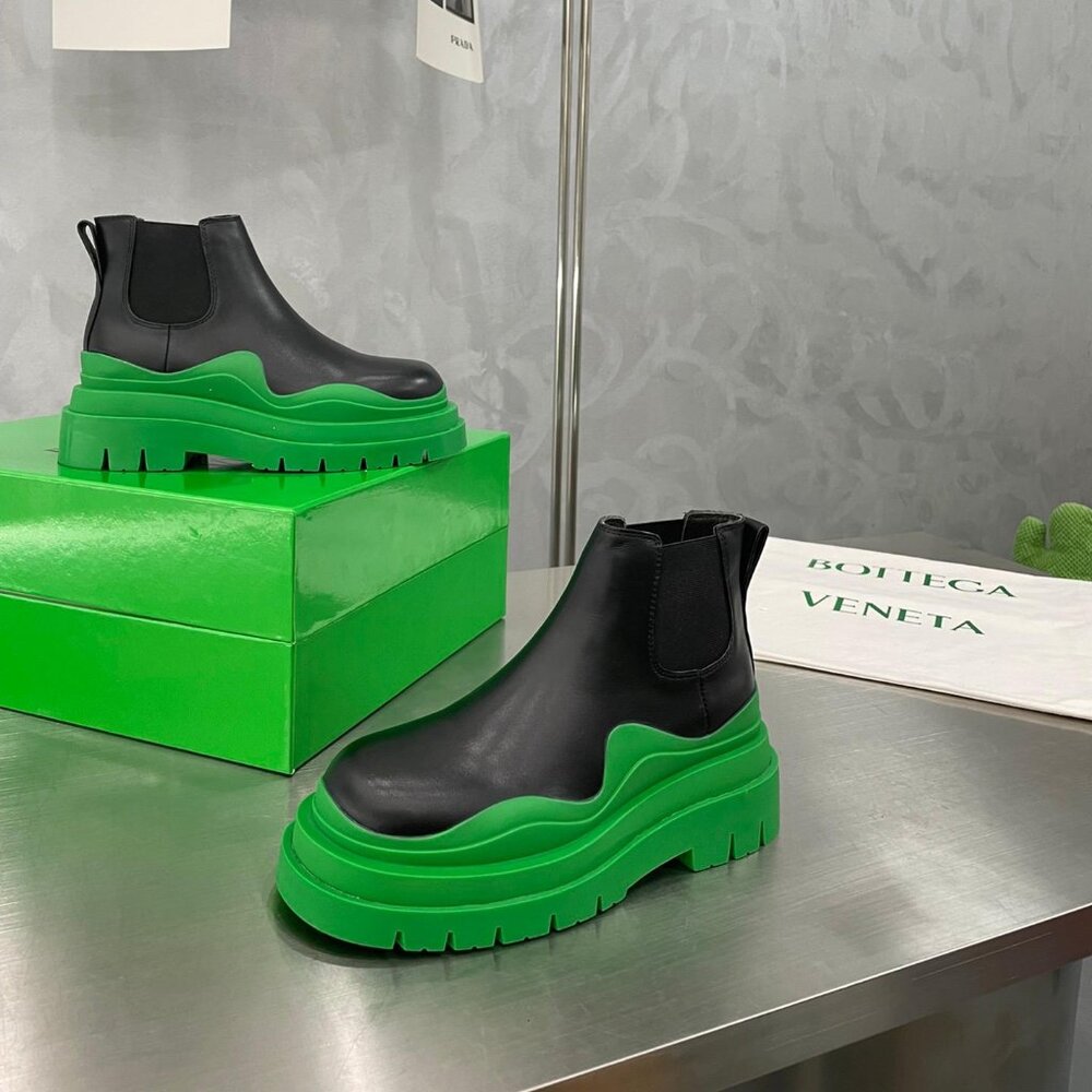 Black Leather Chelsea Boots with Neon Green Chunky Sole"
